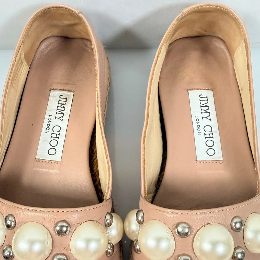 Jimmy Choo Blush Dru Leather Pearl Studded Espadrille Flats Pink Womens 36 6